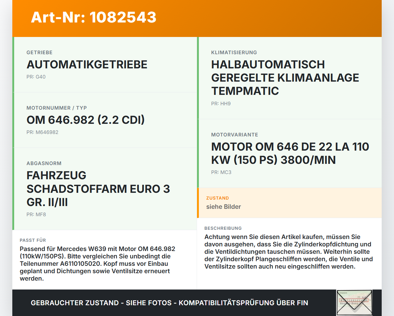 Mercedes Viano Vito W639 03-10 CDI 2,2 110KW 646982 Zylinderkopf Mercedes Viano Vito W639 03-10 01.07.2004... Vorschau 3