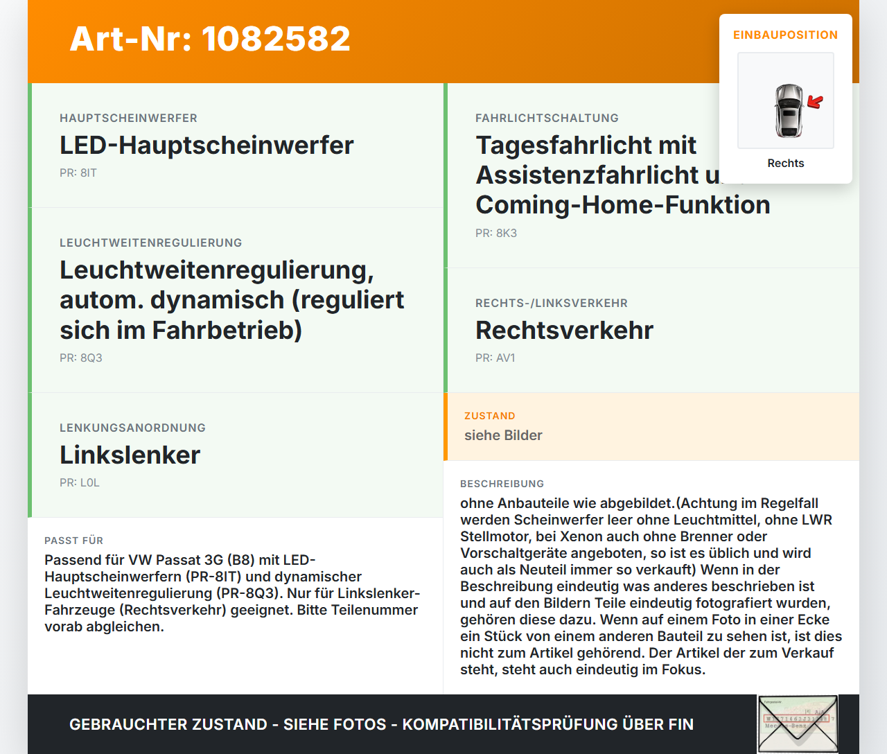 VW Passat 3G 14-19 Scheinwerfer mit Stellmotor LWR Rechts VW Passat 3G 14-19 11.04.2016 gebraucht Vorschau 3