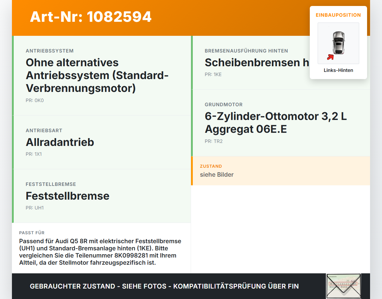 Audi Q5 8R 08-12 FSI 3,2 199KW Stellmotor Parkbremse Bremssattel Hinten Links Audi Audi Q5 8R 08-12 09.06.2009... Vorschau 3