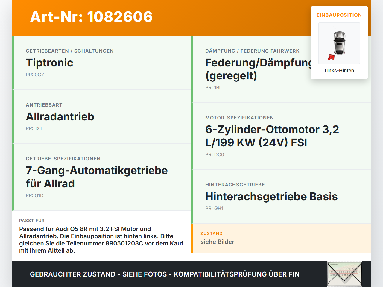 Audi Q5 8R 08-12 FSI 3,2 199KW 4WD Antriebswelle Gelenkwelle Hinten Links Audi Audi Q5 8R 08-12 09.06.2009... Vorschau 3