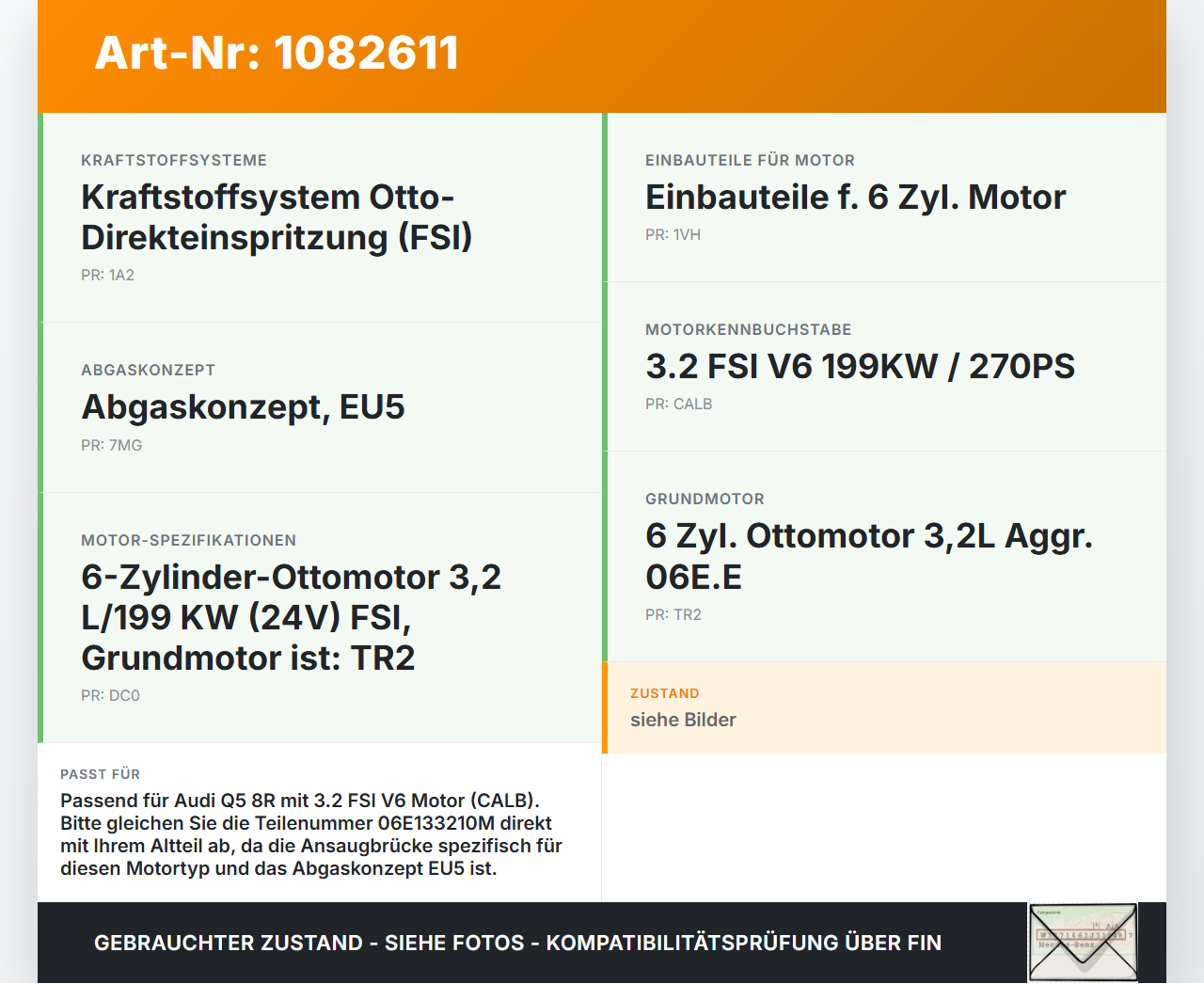Audi Q5 8R 08-12 FSI 3,2 199KW CALB Ansaugbrücke Ansaugkrümmer Audi Audi Q5 8R 08-12 09.06.2009 06E133210M gebraucht Vorschau 3