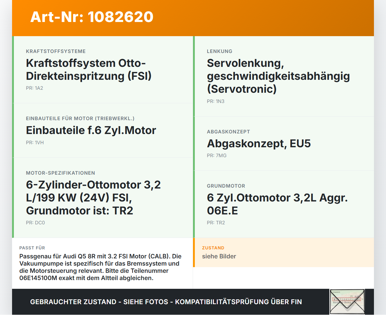 Audi Q5 8R 08-12 FSI 3,2 199KW CALB Unterdruckpumpe Vakuumpumpe Audi Audi Q5 8R 08-12 09.06.2009 06E145100M gebraucht Vorschau 3