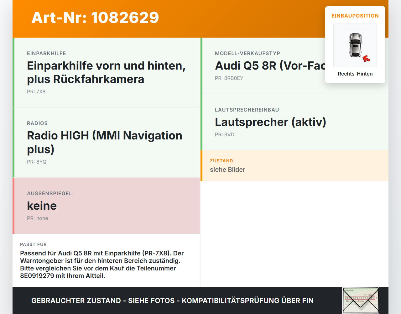 Audi Q5 8R 08-12 FSI 3,2 199KW Warntongeber Einparkhilfe Hinten Rechts Audi Audi Q5 8R 08-12 09.06.2009 8E0919279... Vorschau 3
