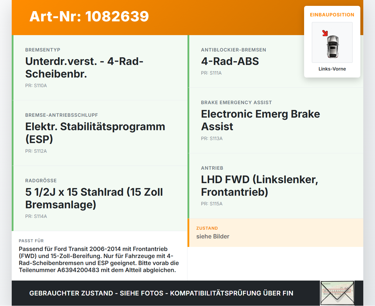 Ford Transit VI 06-13 TDCi 2,2 74KW Bremssattel Bremszange Vorne Links Ford Transit VI 06-13 02.01.2014... Vorschau 3