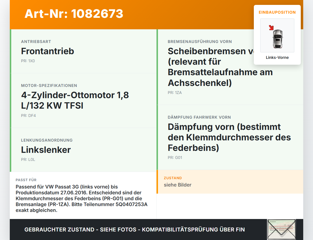 VW Passat 3G 14-19 TFSI 1,8 131KW Achsschenkel Radnabe Links Vorne VW Passat 3G 14-19 11.04.2016 5Q0407253A gebraucht Vorschau 3