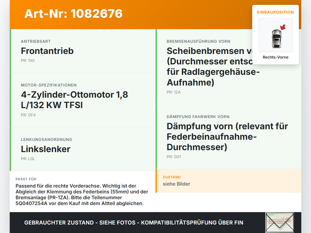 VW Passat 3G 14-19 TFSI 1,8 131KW Achsschenkel Radnabe Rechts Vorne VW Passat 3G 14-19 11.04.2016 5Q0407254A gebraucht Vorschau 3