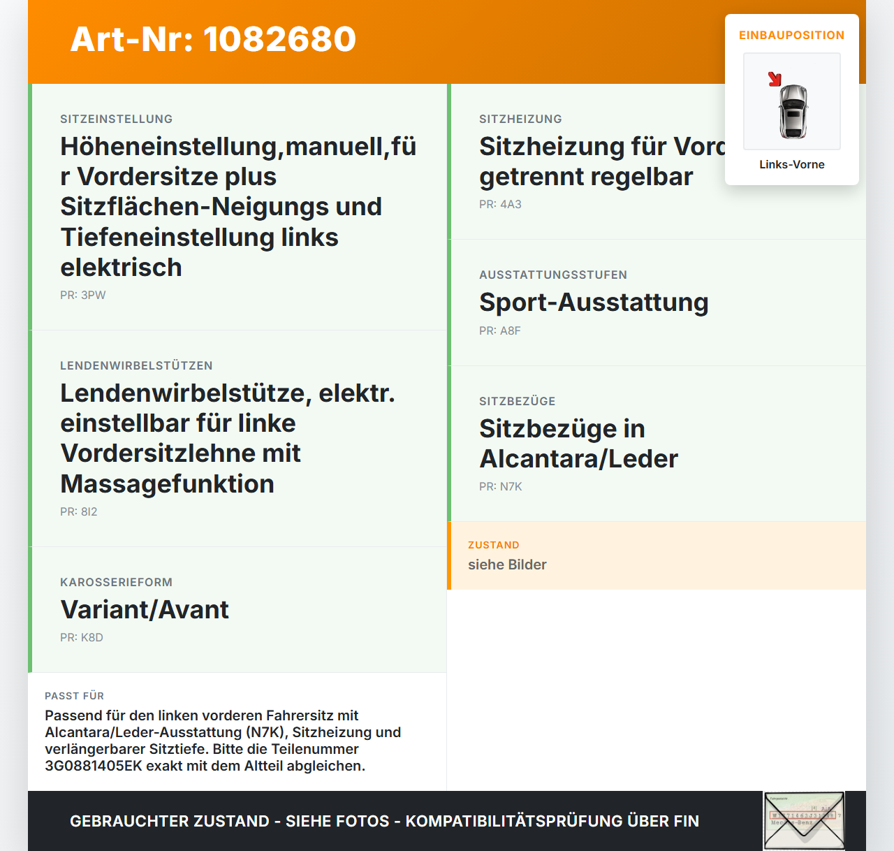 VW Passat 3G 14-19 Kombi Leder Sitzbezug Sitzpolster für Fahrersitz Sitz Links Vorne beheizt VW Passat 3G 14-19... Vorschau 3