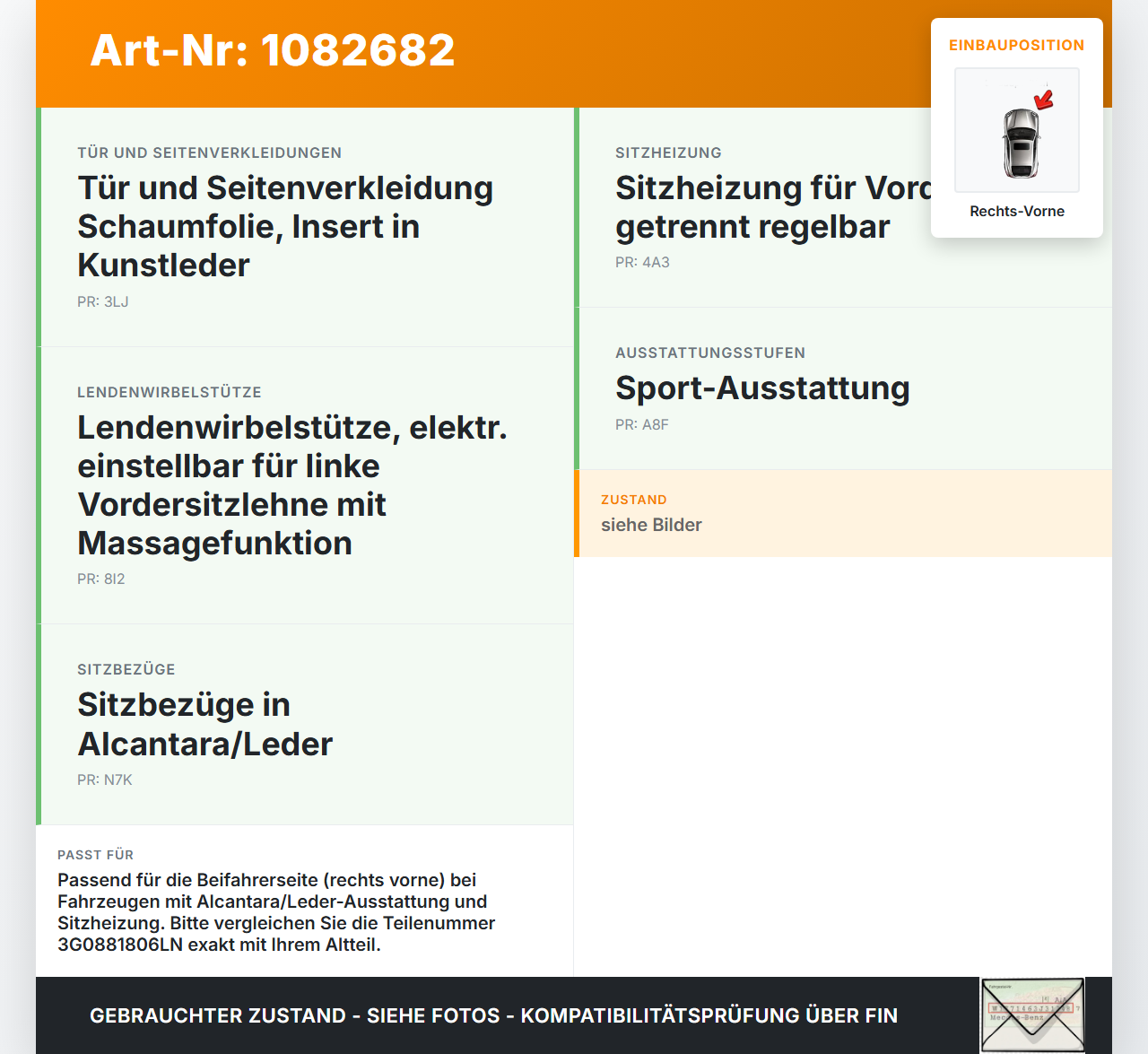 VW Passat 3G 14-19 Kombi Leder Sitzbezug Rückenpolster Rechts Vorne für Beifahrer Sitz beheizt VW Passat 3G 14-19... Vorschau 3
