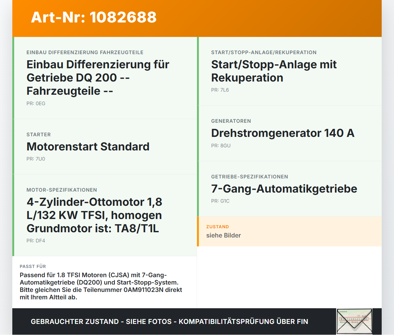 VW Passat 3G 14-19 TFSI 1,8 131KW Autom Anlasser Starter VW Passat 3G 14-19 11.04.2016 0AM911023N 0001179516 gebraucht Vorschau 3