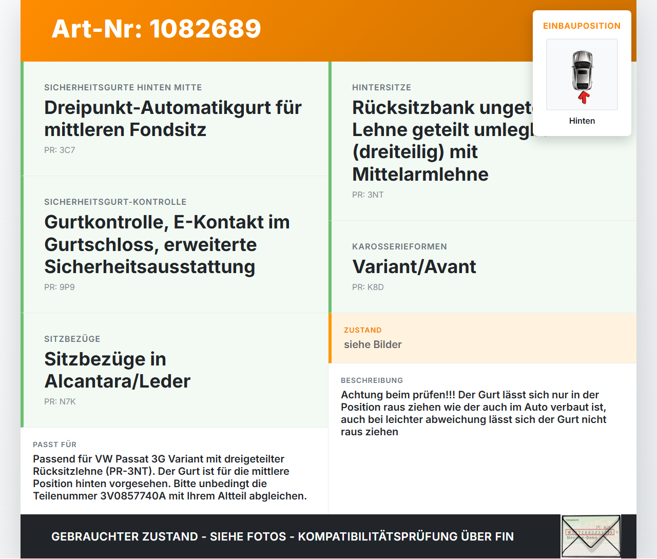 VW Passat 3G 14-19 Kombi Gurt Sicherheitsgurt Mitte Hinten VW Passat 3G 14-19 11.04.2016 627282900B gebraucht Vorschau 3