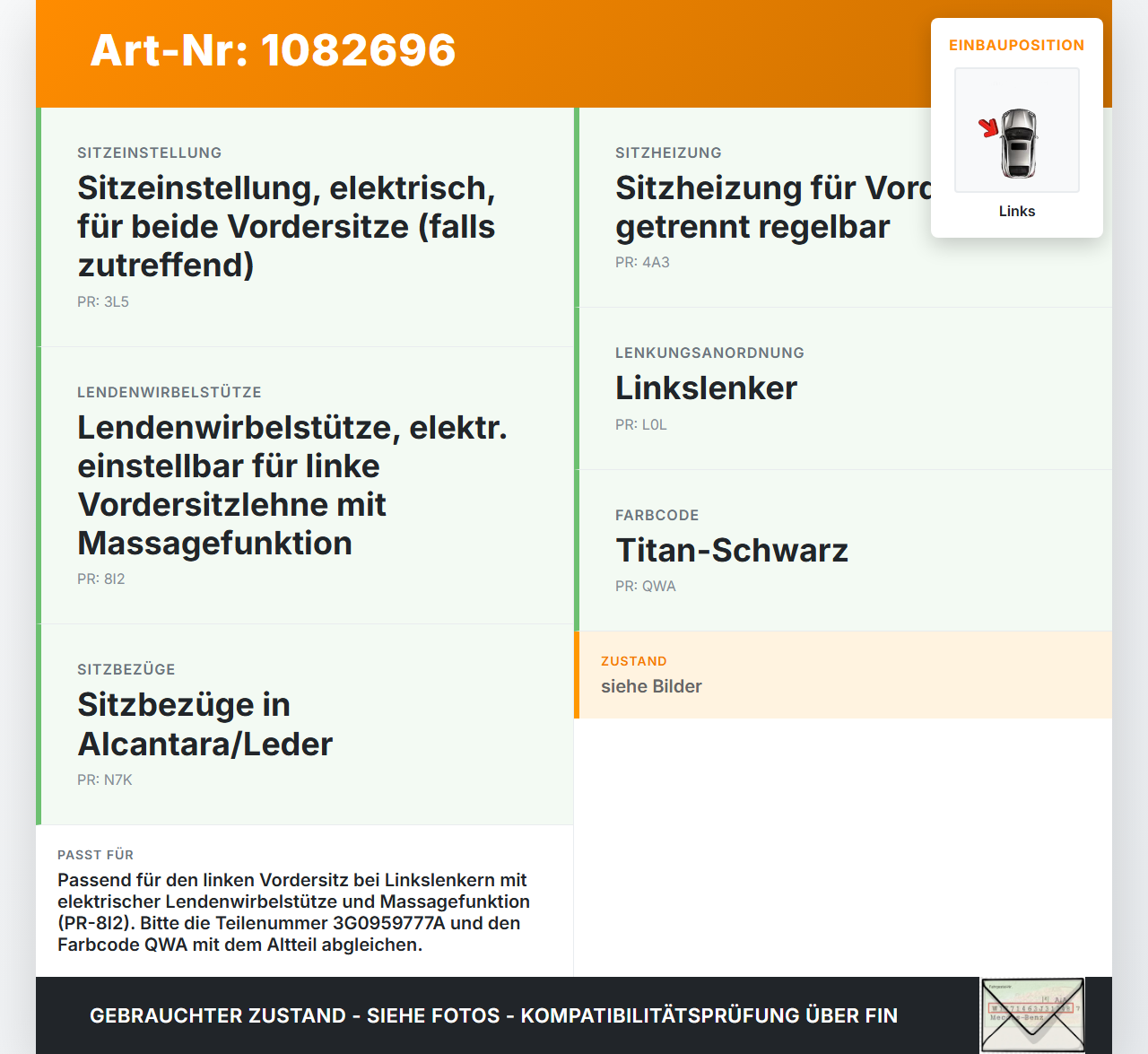 VW Passat 3G 14-19 Schalter Links für Sitzverstellung VW Passat 3G 14-19 11.04.2016 3G0959777A 3G0959777AQWA gebraucht Vorschau 3