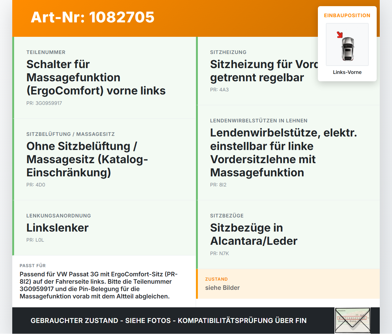 VW Passat 3G 14-19 Schalter ErgoComfort Lordosenschalter für Sitz Links Vorne VW Passat 3G 14-19 11.04.2016... Vorschau 3
