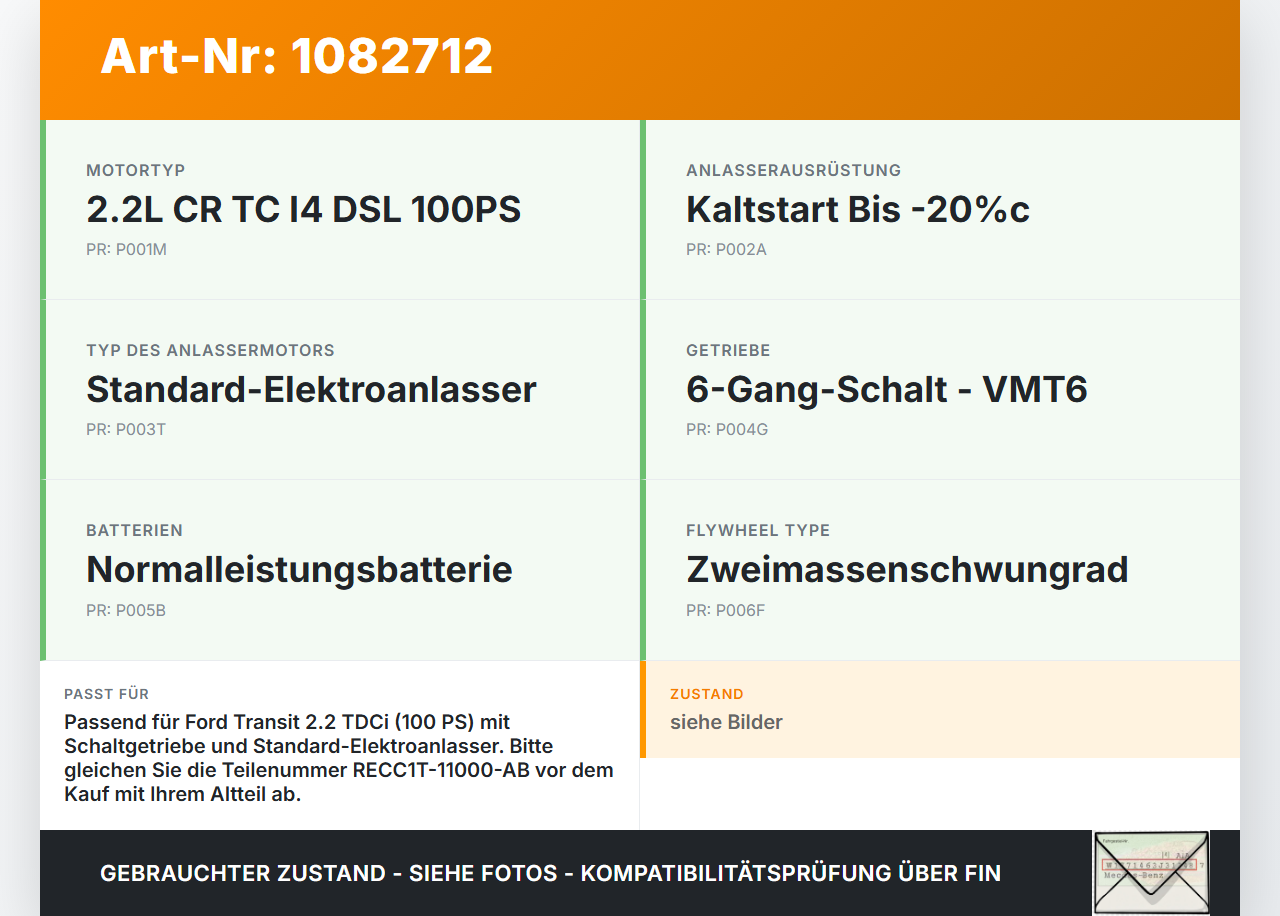 Ford Transit VI 06-13 TDCi 2,2 74KW Anlasser Starter Ford Transit VI 06-13 02.01.2014 RECC1T-11000-AB CC1T-11000-AB... Vorschau 3