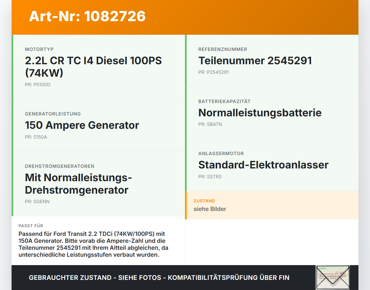 Ford Transit VI 06-13 TDCi 2,2 74KW Lichtmaschine Generator Ford Transit VI 06-13 02.01.2014 CC1T-10300-BE 2545291... Vorschau 3