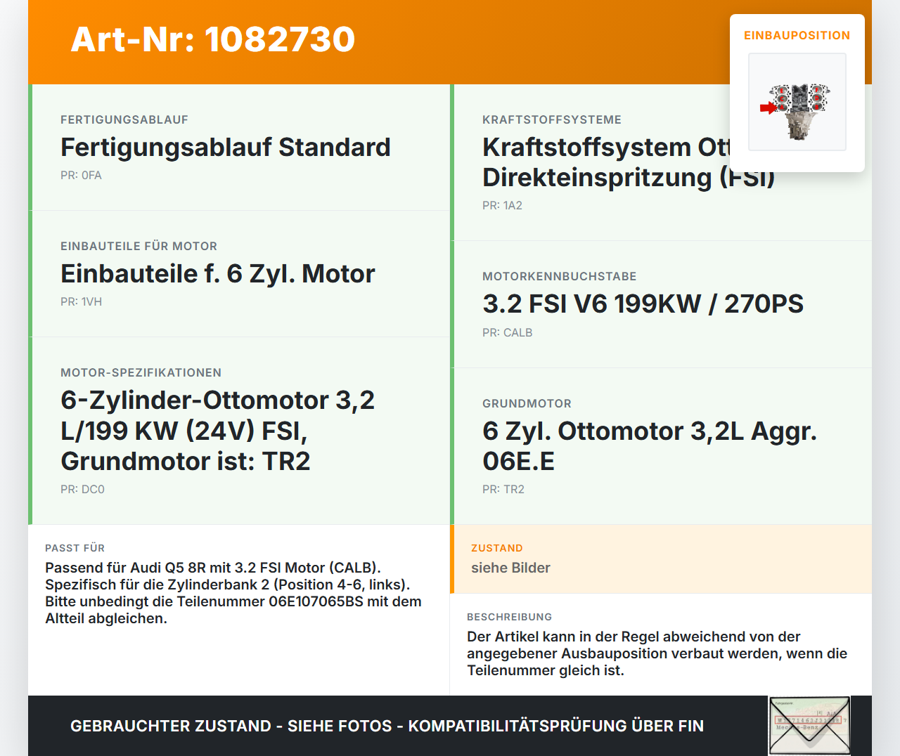 Audi Q5 8R 08-12 FSI 3,2 199KW CALB Kolben mit Pleuel Pos A 4-6 Audi Audi Q5 8R 08-12 09.06.2009 06E107065BS gebraucht Vorschau 3
