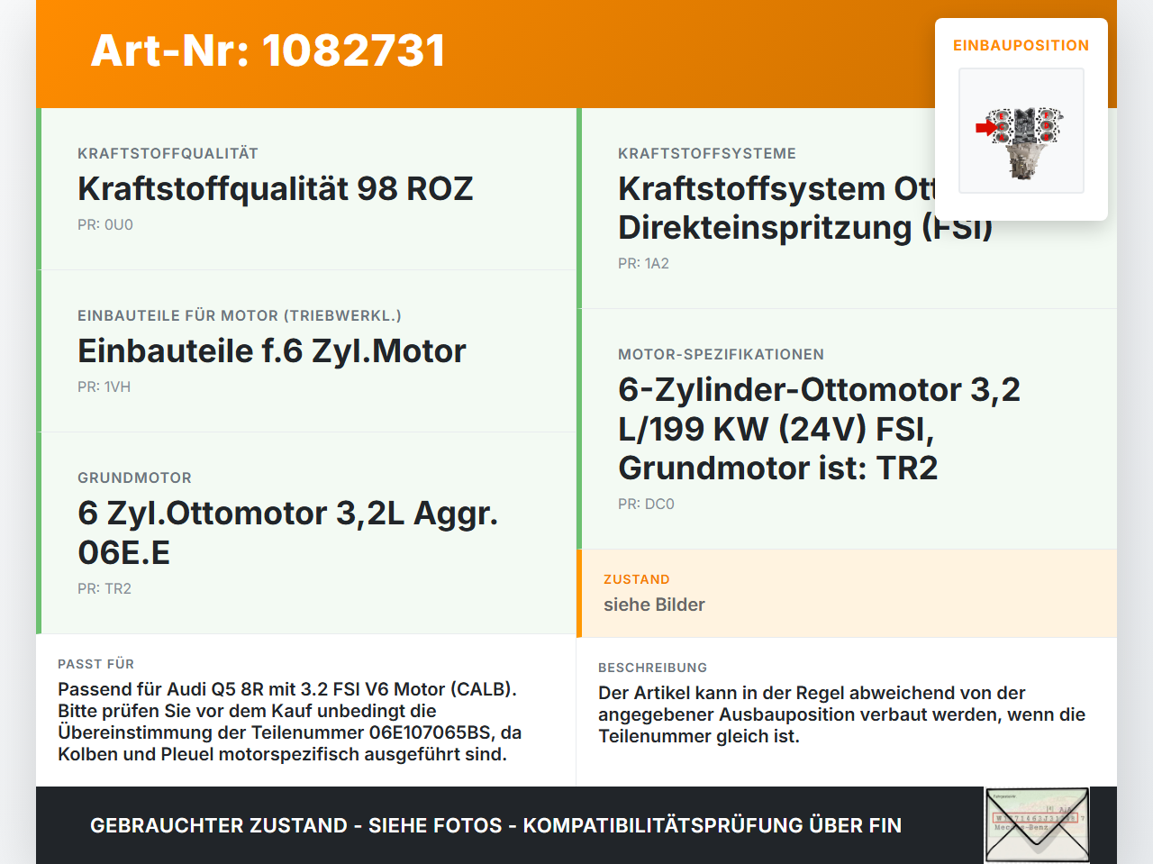 Audi Q5 8R 08-12 FSI 3,2 199KW CALB Kolben mit Pleuel Pos C 4-6 Audi Audi Q5 8R 08-12 09.06.2009 06E107065BS gebraucht Vorschau 3