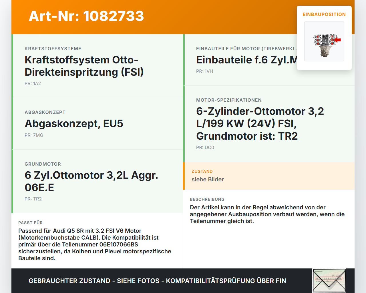 Audi Q5 8R 08-12 FSI 3,2 199KW CALB Kolben mit Pleuel Pos D 1-3 Audi Audi Q5 8R 08-12 09.06.2009 06E107066BS gebraucht Vorschau 3