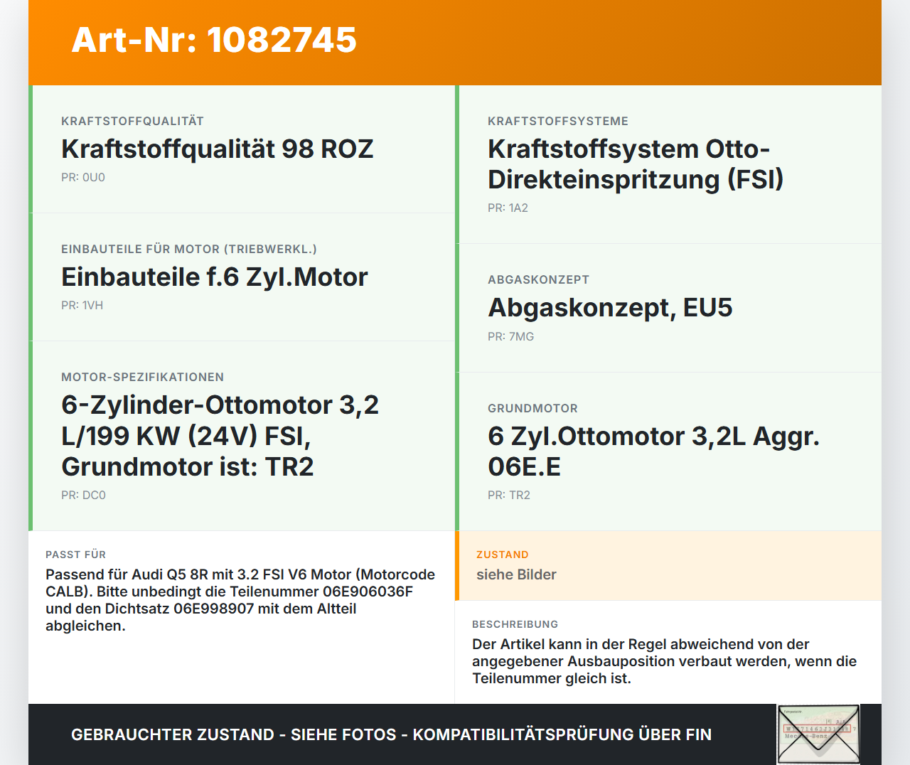 Audi Q5 8R 08-12 FSI 3,2 199KW Injektor Einspritzdüse Zyl.1 Audi Audi Q5 8R 08-12 09.06.2009 06E906036F 06E036F... Vorschau 3