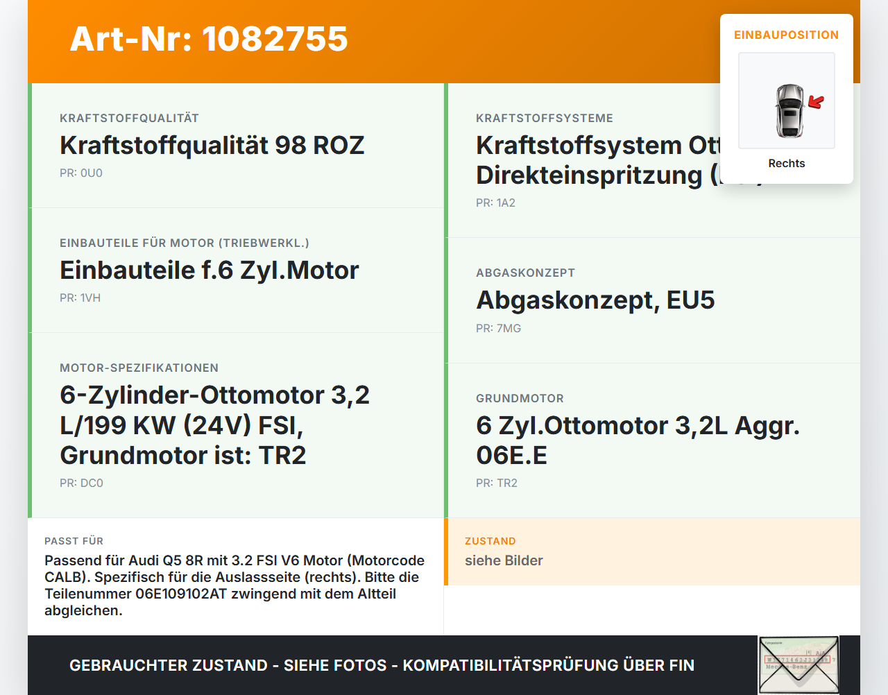 Audi Q5 8R 08-12 FSI 3,2 199KW CALB Nockenwelle Auslass Rechts Audi Audi Q5 8R 08-12 09.06.2009 06E109102AT gebraucht Vorschau 3