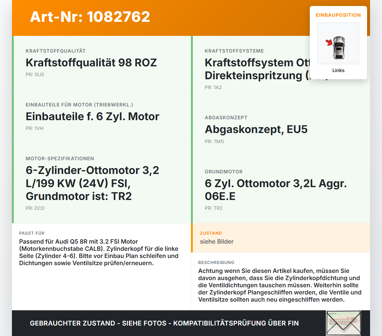 Audi Q5 8R 08-12 FSI 3,2 199KW CALB Zylinderkopf Links 4-6 Audi Audi Q5 8R 08-12 09.06.2009 06E103065B gebraucht Vorschau 3