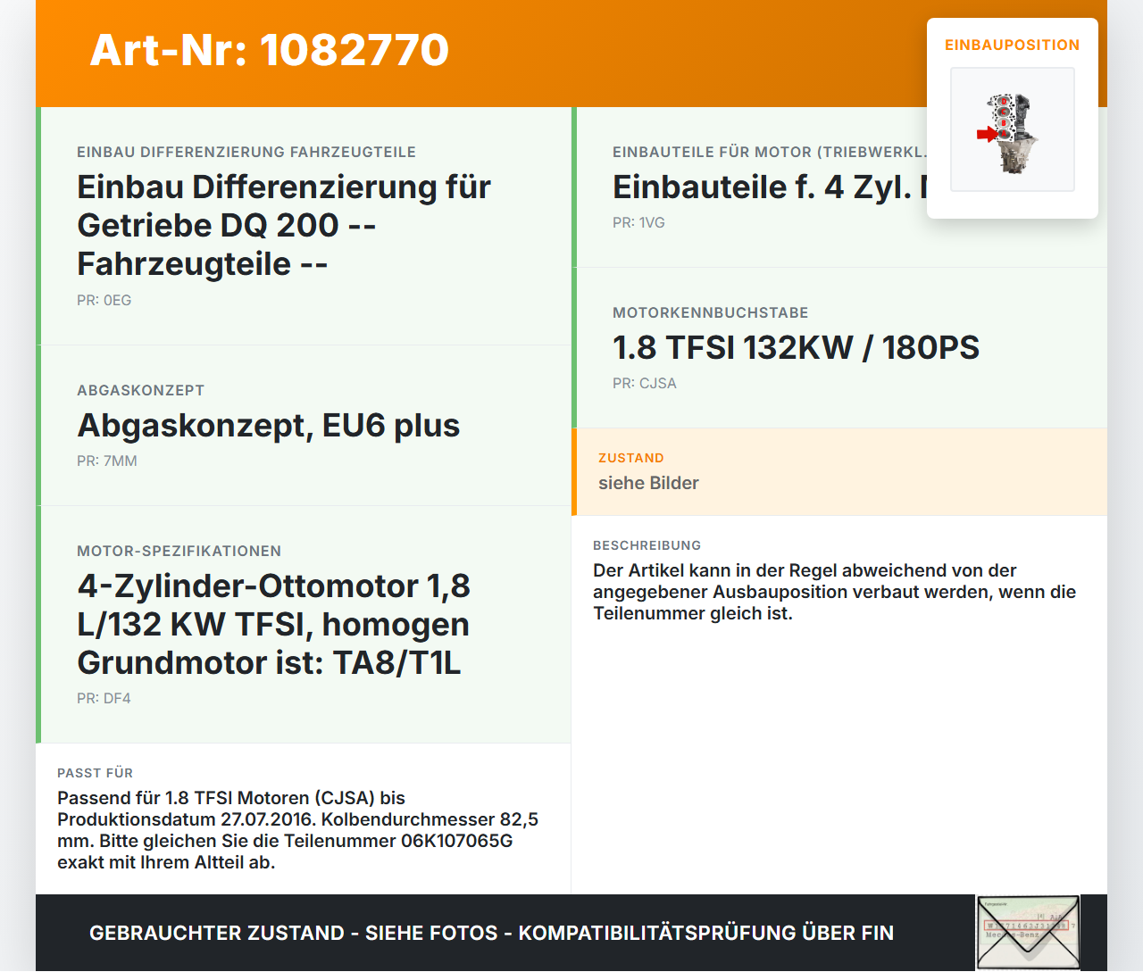 VW Passat 3G 14-19 TFSI 1,8 131KW CJSA Kolben mit Pleuel Pos A 82,5 VW Passat 3G 14-19 11.04.2016 06K107065G gebraucht Vorschau 3
