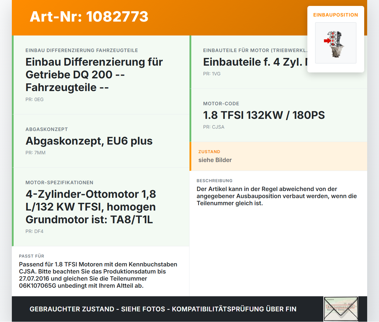 VW Passat 3G 14-19 TFSI 1,8 131KW CJSA Kolben mit Pleuel Pos B 82,5 VW Passat 3G 14-19 11.04.2016 06K107065G gebraucht Vorschau 3