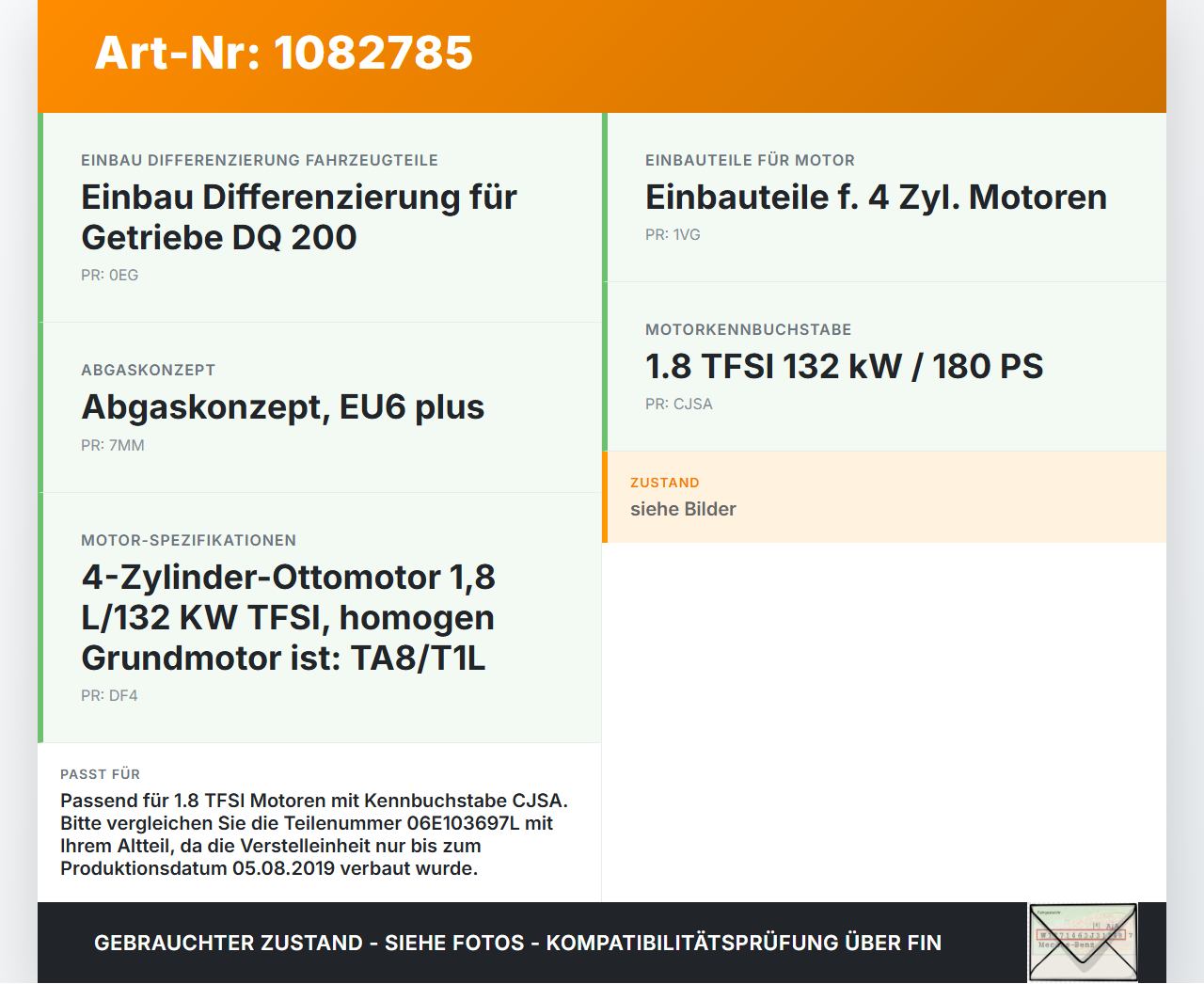 VW Passat 3G 14-19 TFSI 1,8 131KW CJSA Nockenwellenverstellung Verstellung für Nockenwelle Pos.8 VW Passat 3G 14-19... Vorschau 3