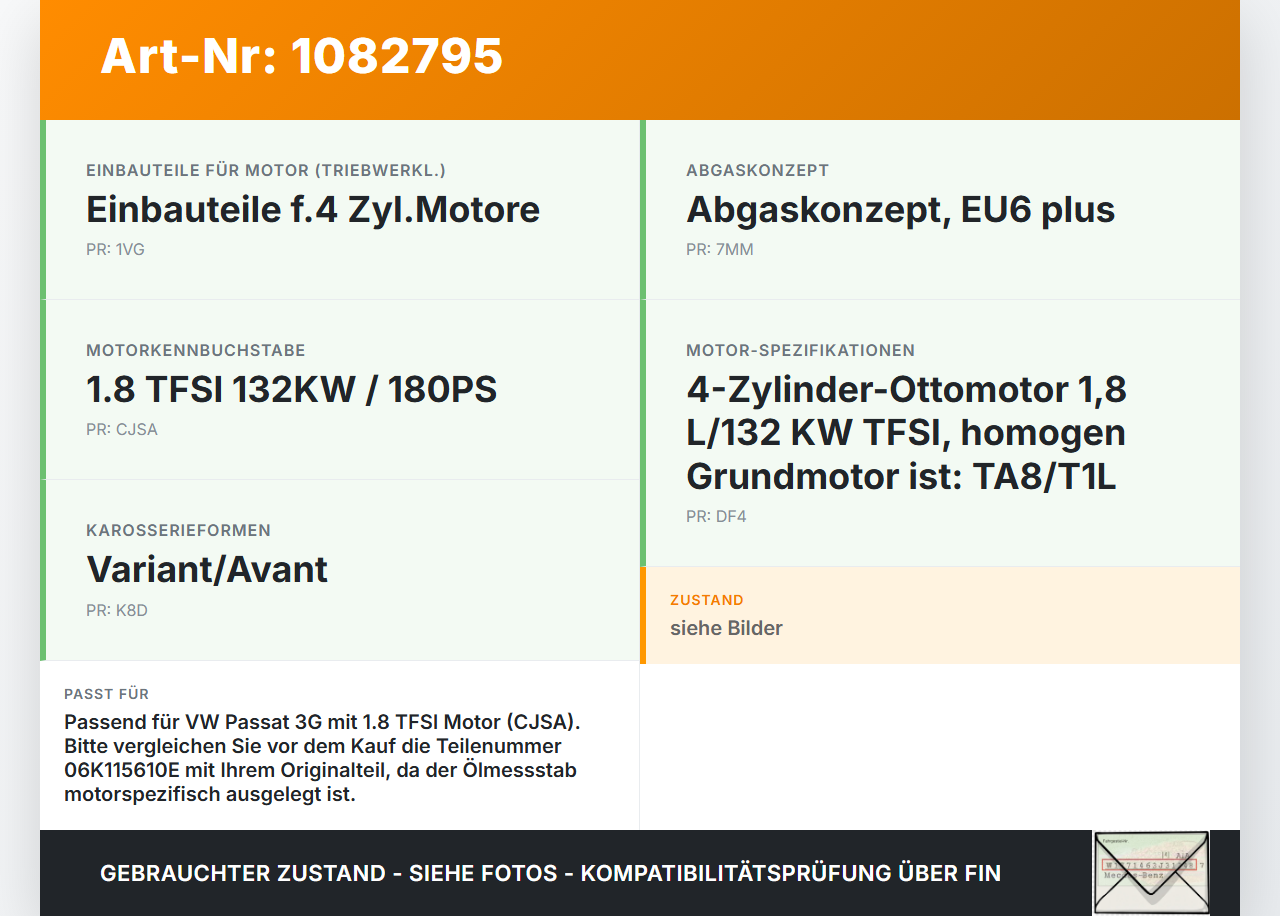 VW Passat 3G 14-19 TFSI 1,8 131KW CJSA Ölmessstab Öl Stab VW Passat 3G 14-19 11.04.2016 06K115610E gebraucht Vorschau 3
