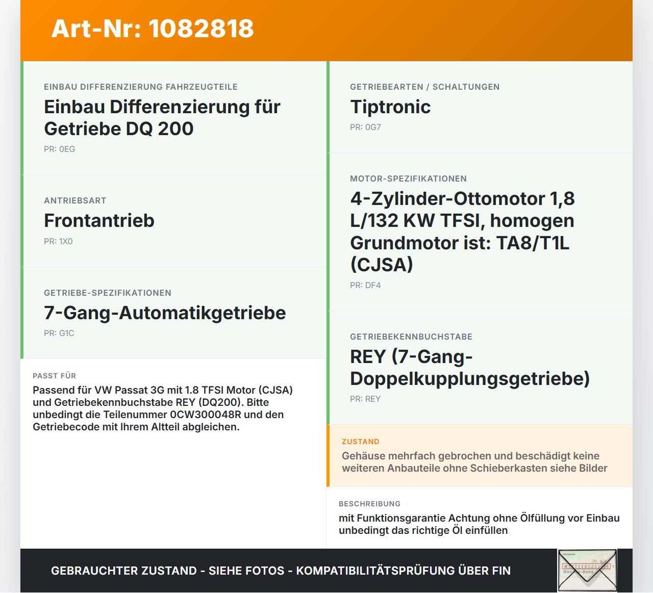 VW Passat 3G 14-19 TFSI 1,8 131KW REY Teilespender vom Automatikgetriebe Getriebe ohne Wandler REY VW Passat 3G... Vorschau 3