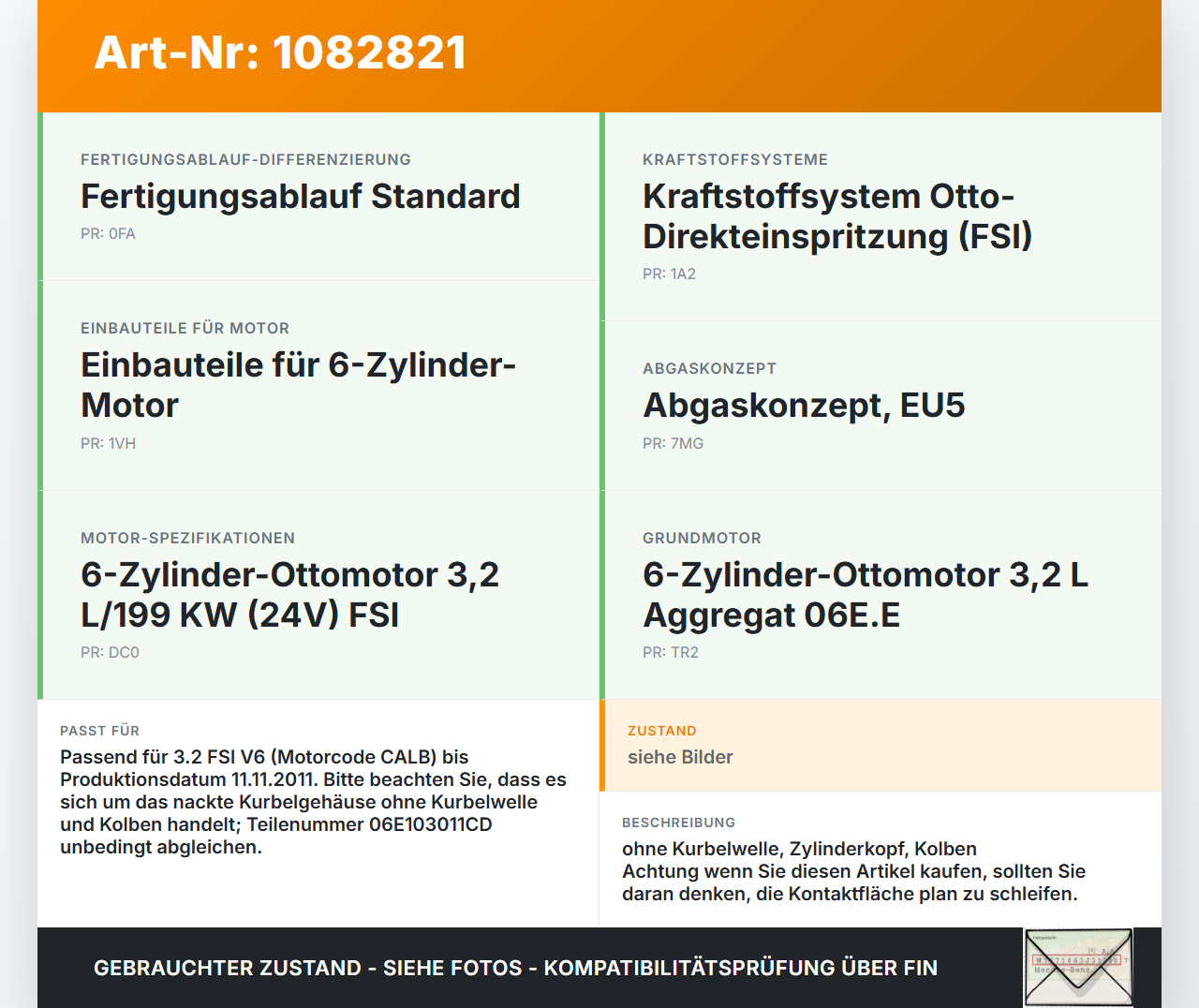 Audi Q5 8R 08-12 FSI 3,2 199KW Motorblock V6 Audi Audi Q5 8R 08-12 09.06.2009 06E103011CD gebraucht Vorschau 3