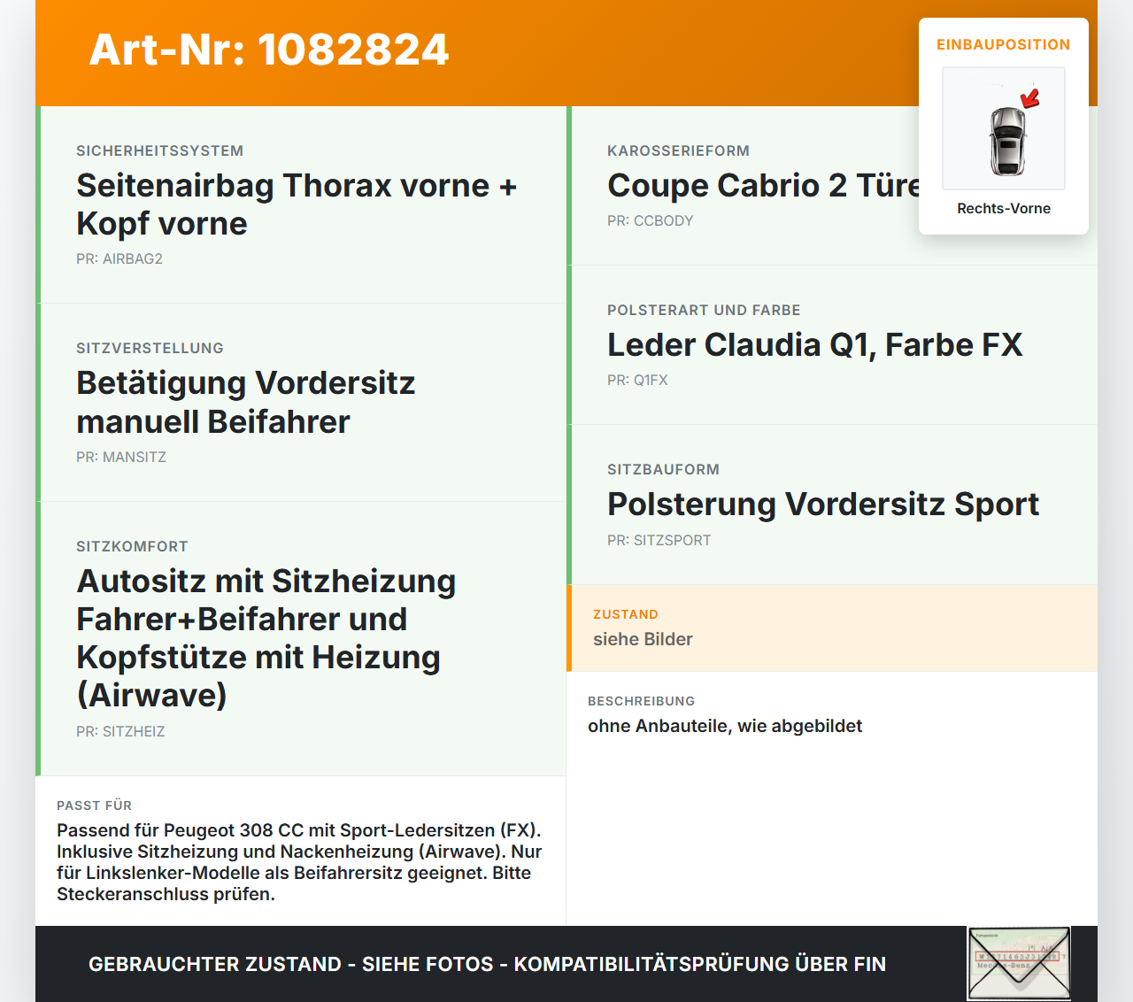 Peugeot 308 CC 07-11 Cabrio Leder Beheizt Sitz Beifahrersitz Vorne Rechts beheizt Sport Peugeot 308 CC 07-11... Vorschau 3