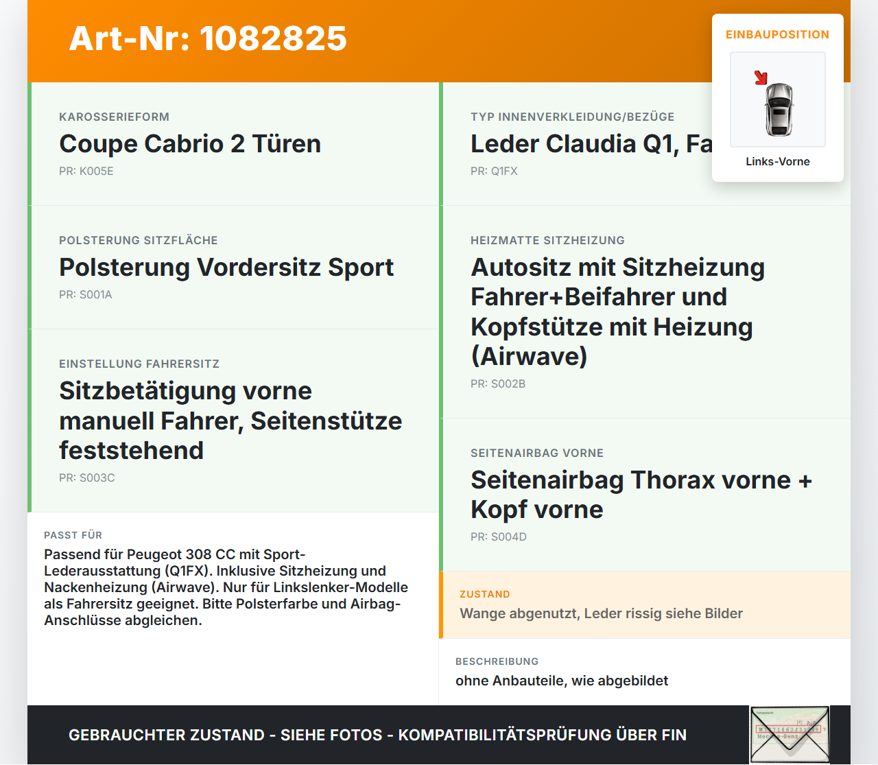 Peugeot 308 CC 07-11 Cabrio Leder Beheizt Sitz Fahrersitz Vorne Links beheizt Sport Peugeot 308 CC 07-11 26.01.2011... Vorschau 3