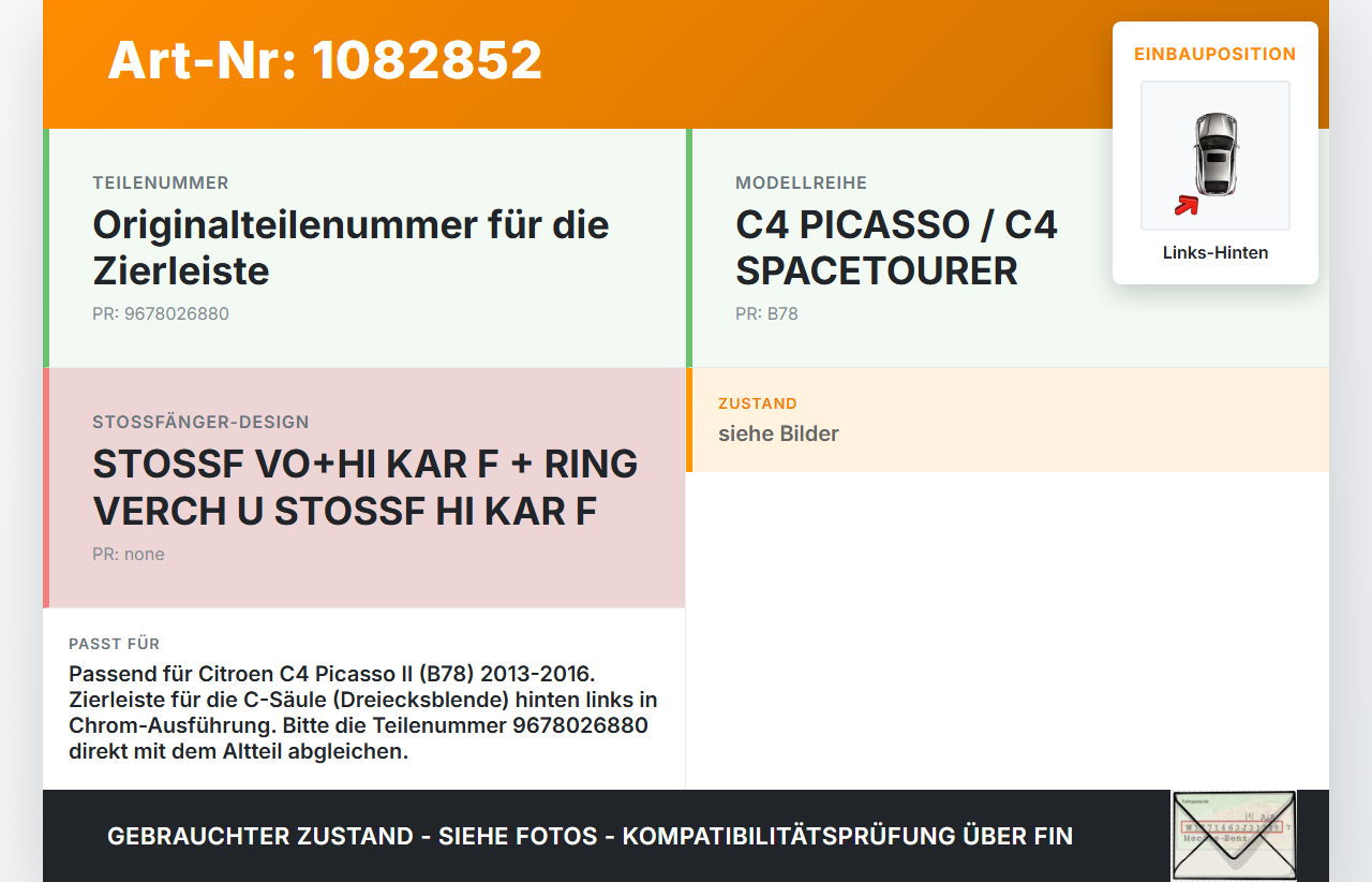 Citroen C4 Picasso II 13-16 Zierleiste Chrom Blende Abdeckung Dreieck Links Hinten Citroen C4 Picasso II 13-16... Vorschau 3