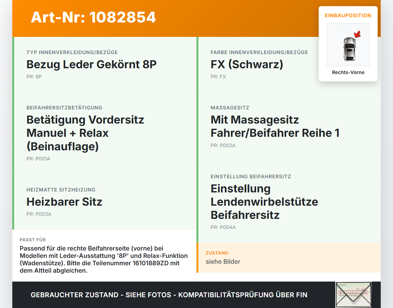 Citroen C4 Picasso II 13-16  Leder Sitzbezug Sitzpolster Beinauflage Wadenauflage Rechts Vorne Citroen C4 Picasso... Vorschau 3
