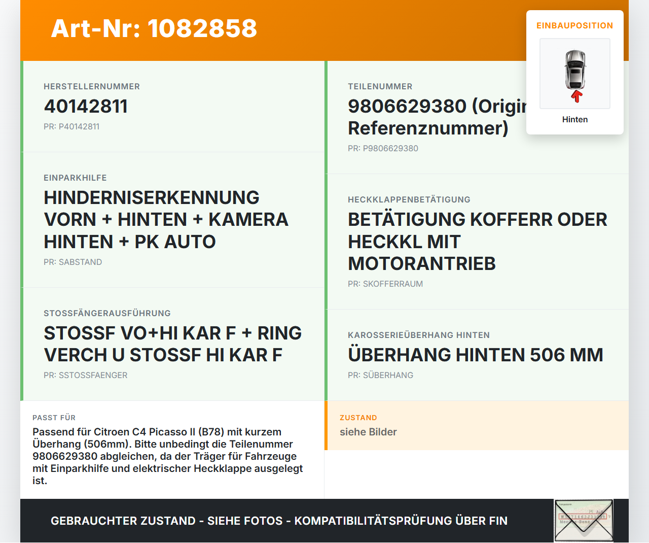 Citroen C4 Picasso II 13-16 Stoßstangenträger Stoßfängerträger Querträger Träger Hinten Citroen C4 Picasso II 13-16... Vorschau 3