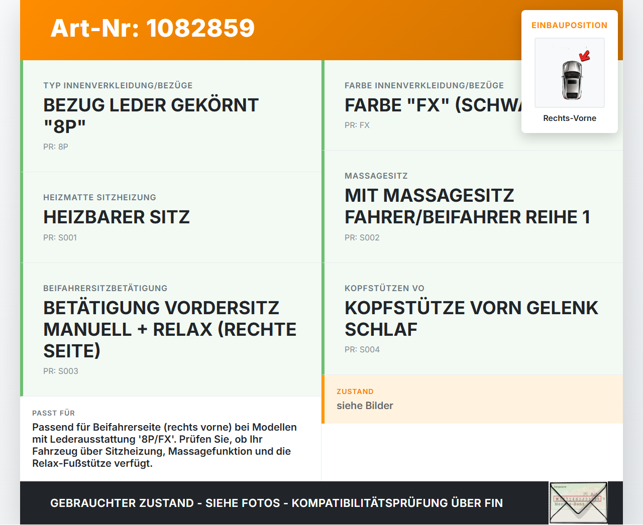 Citroen C4 Picasso II 13-16  Leder Sitzbezug Rückenlehne Polster Leder Sitzheizung Rechts Vorne Citroen C4 Picasso... Vorschau 3