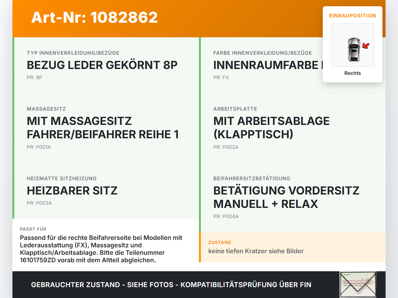 Citroen C4 Picasso II 13-16 Sitzverkleidung Rückenlehne Klapptisch Tasche Netz Rechts Citroen C4 Picasso II 13-16... Vorschau 3