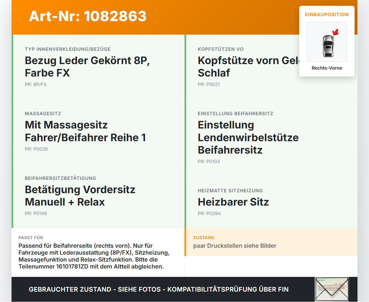 Citroen C4 Picasso II 13-16  Leder Sitzpolster für Beifahrersitz Rechts Vorne beheizt Citroen C4 Picasso II 13-16... Vorschau 3
