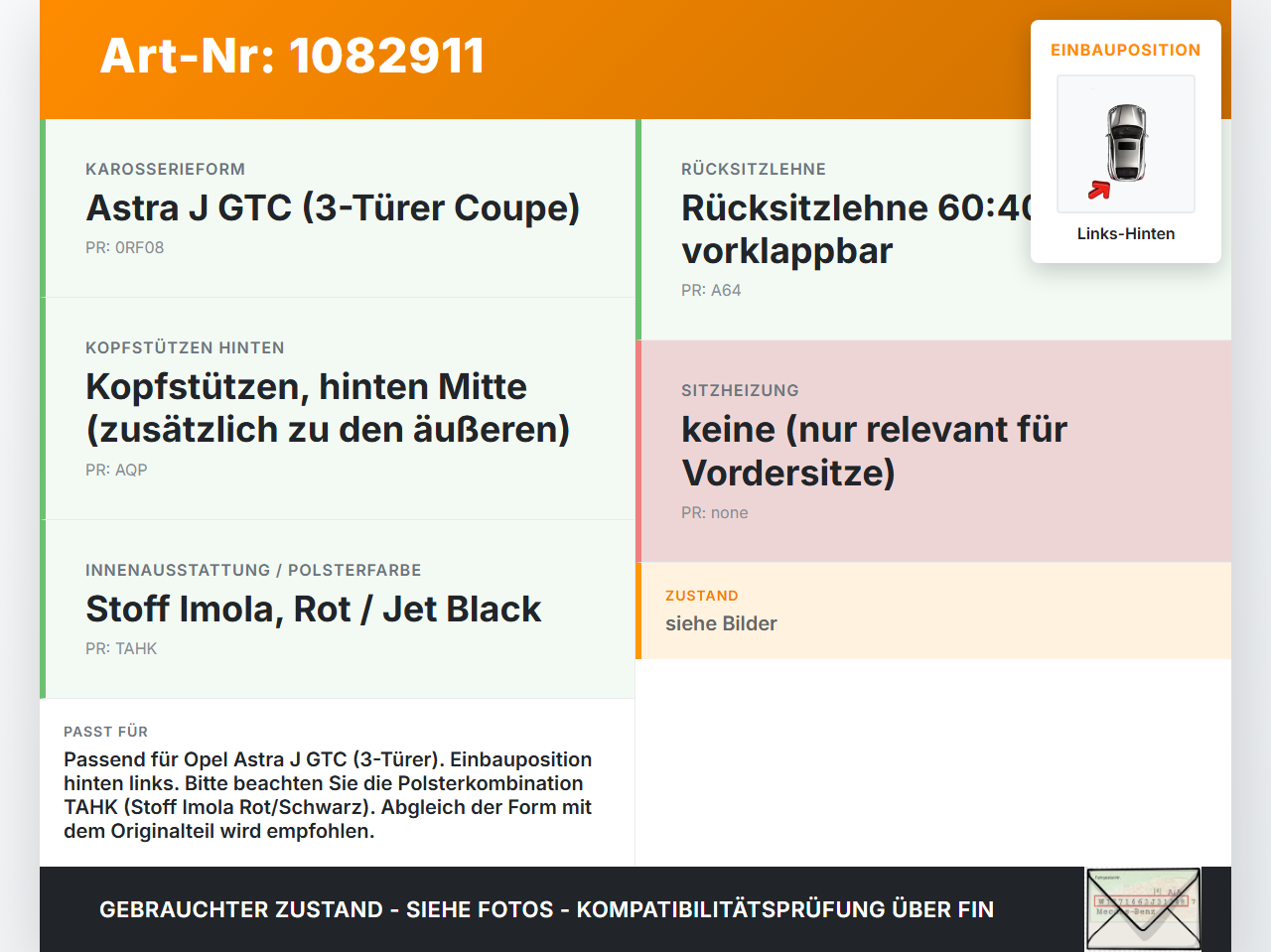 Opel Astra J GTC 11-18 Kopfstütze Nackenstütze Polster Leder Schwarz Links Hinten Opel Astra J GTC 11-18 16.11.2011... Vorschau 3