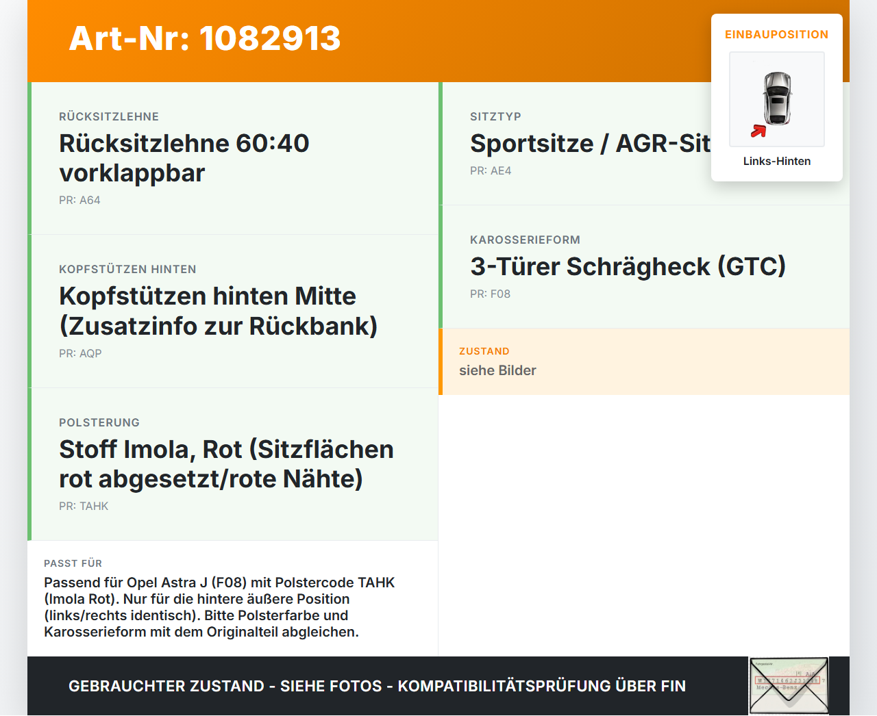 Opel Astra J GTC 11-18 Kopfstütze Nackenstütze Leder Schwarz Rote Naht Links Hinten Opel Astra J GTC 11-18... Vorschau 3