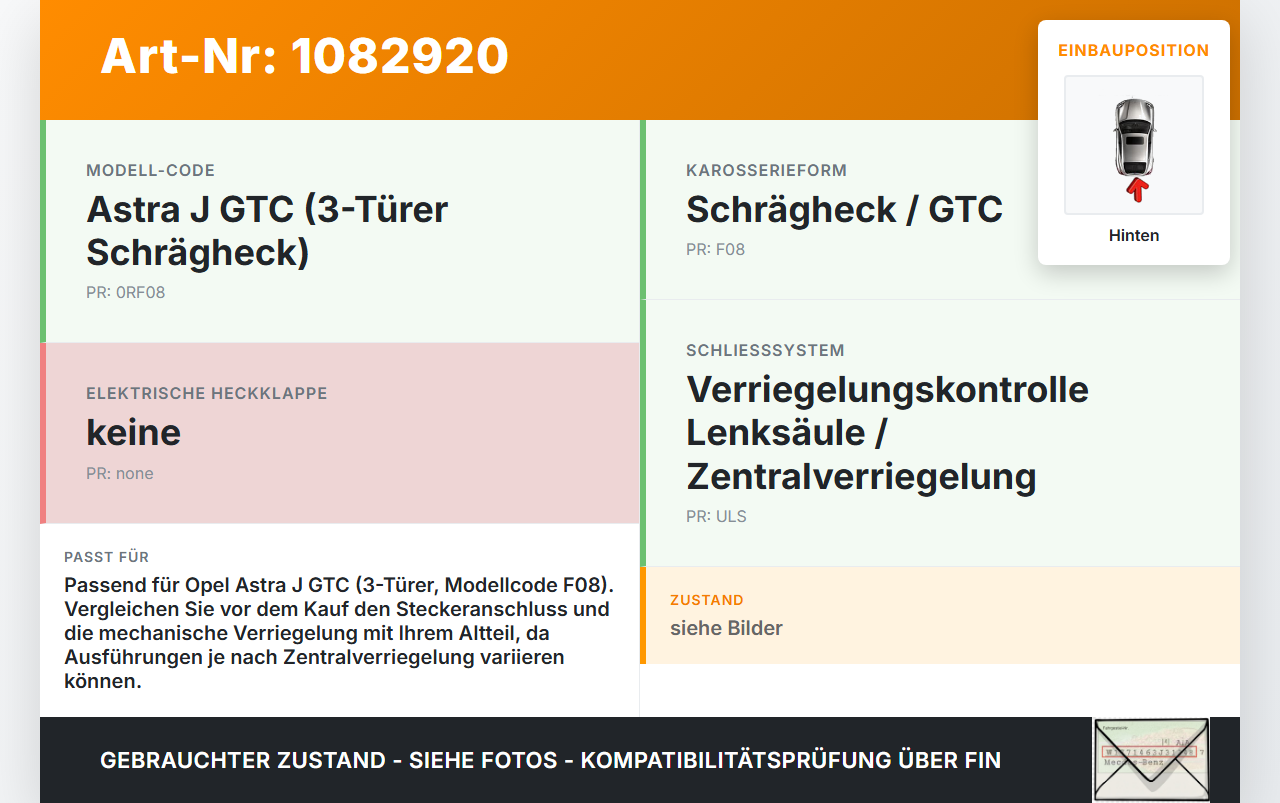 Opel Astra J GTC 11-18 3T Heckklappenschloss Schloss Verriegelung Heckklappe Hinten Opel Astra J GTC 11-18... Vorschau 3