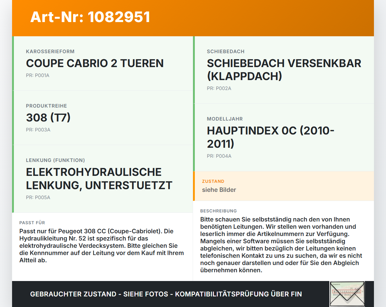 Peugeot 308 CC 07-11 Cabrio Hydraulik Schlauch Leitung 52 für Verdeck Peugeot 308 CC 07-11 26.01.2011 gebraucht Vorschau 3