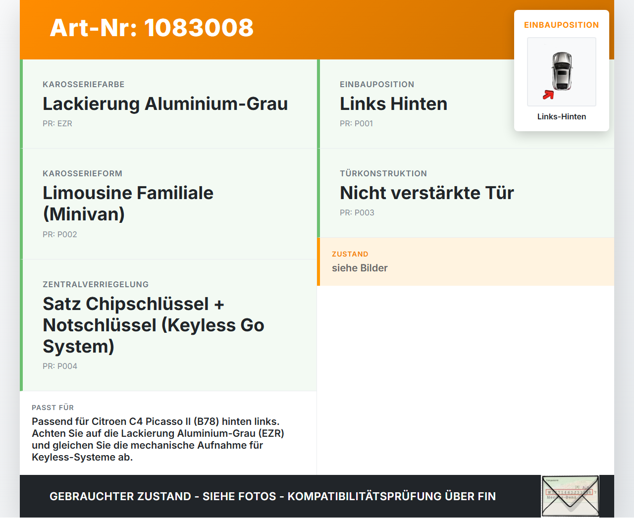 Citroen C4 Picasso II 13-16 Türgriff Griff aussen Links Hinten EZR Citroen C4 Picasso II 13-16 24.09.2013 gebraucht Vorschau 3