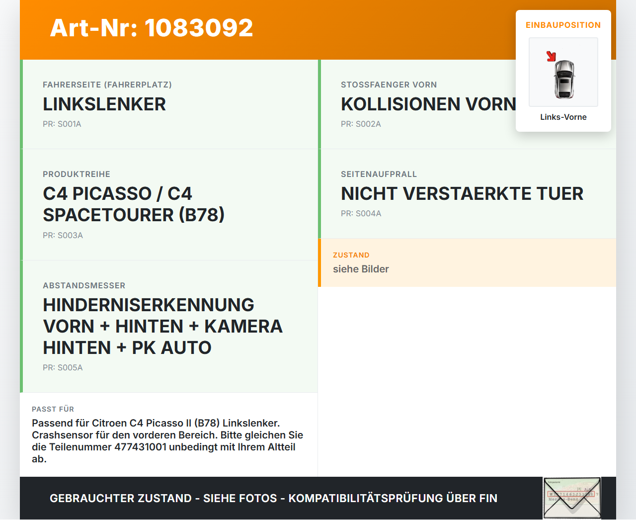 Citroen C4 Picasso II 13-16 Airbagsensor Crashsensor Sensor Links Vorne Citroen C4 Picasso II 13-16 24.09.2013... Vorschau 3