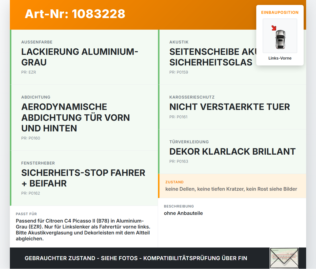 Citroen C4 Picasso II 13-16 Tür Fahrertür Links Vorne EZR Citroen C4 Picasso II 13-16 24.09.2013 gebraucht Vorschau 3