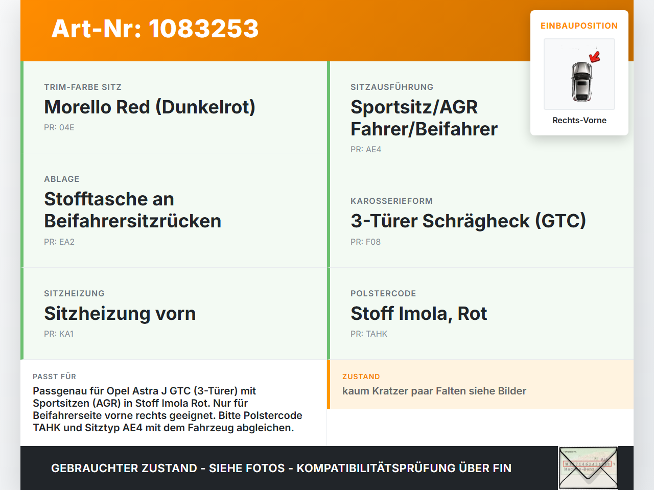 Opel Astra J GTC 11-18 3T Sitzbezug Sitzpolster für Beifahrersitz Rechts Vorne beheizt Opel Astra J GTC 11-18... Vorschau 3