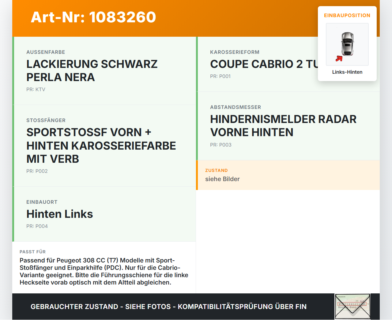 Peugeot 308 CC 07-11 Cabrio Halter Träger Aufnahme Führung für Stoßstange Links Hinten Peugeot 308 CC 07-11... Vorschau 3