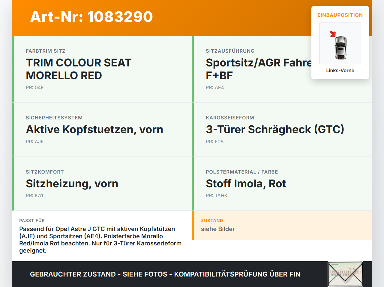 Opel Astra J GTC 11-18 Kopfstütze Leder für Fahrer Sitz Links Vorne Opel Astra J GTC 11-18 16.11.2011 gebraucht Vorschau 3