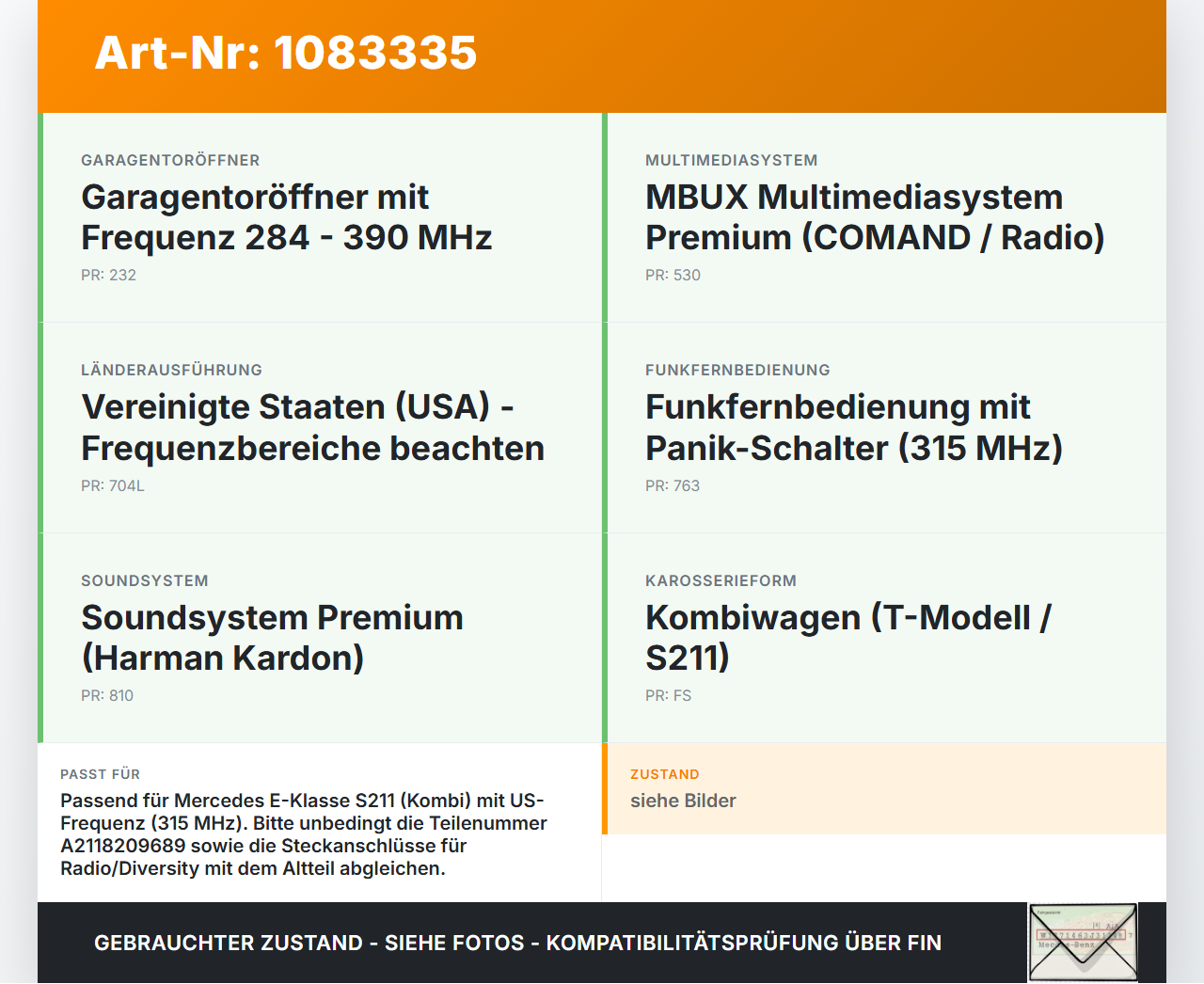 Mercedes S211 E500 02-06 Antennenverstärker Diversity Mercedes S211 E500 02-06 01.07.2004 A2118209689 gebraucht Vorschau 3