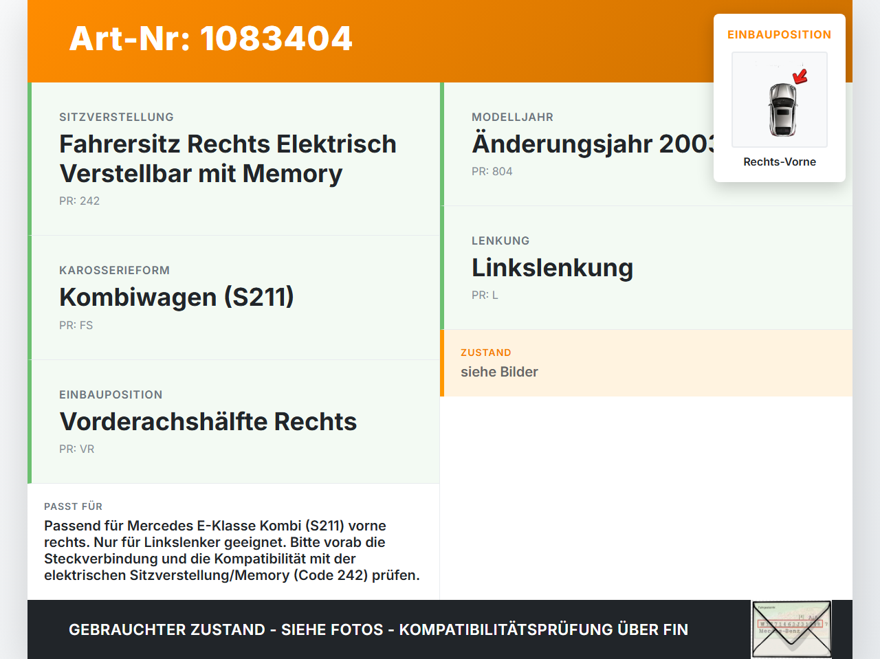 Mercedes S211 E500 02-06 Kombi Fensterheber o. FH-Motor Rechts Vorne Mercedes S211 E500 02-06 01.07.2004 gebraucht Vorschau 3